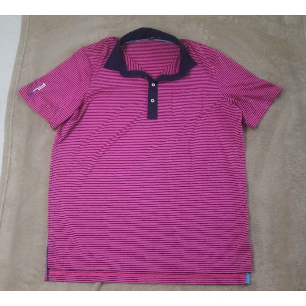 RLX ralph lauren shirt men size large pink striped stretch golf short sleeve EUC